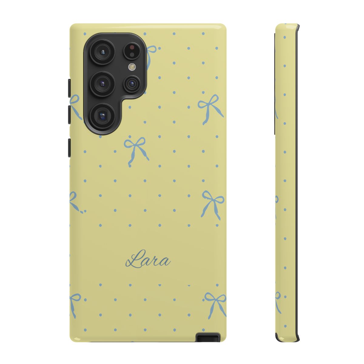 Personalized Yellow Bow Phone Case – Custom Name Blue Polka Dot Aesthetic