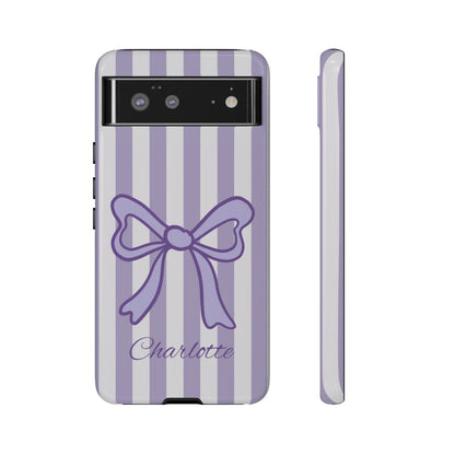 Personalized Lavender Bow Phone Case – Purple Striped Coquette Ribbon Aesthetic