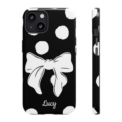 Personalized Black Polka Dot Bow Phone Case – Custom Name Coquette Retro Aesthetic