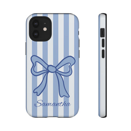 Personalized Coquette Bow Phone Case – Blue Striped Preppy Ribbon Aesthetic