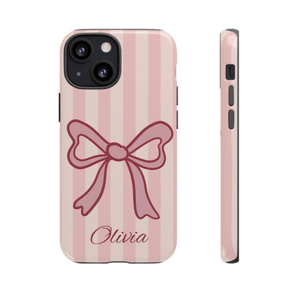 Personalized Pink Bow Phone Case – Soft Pastel Striped Coquette Aesthetic