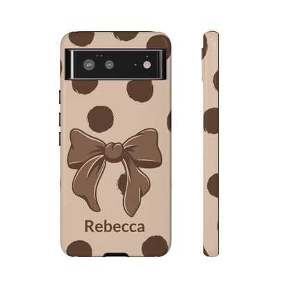 Personalized Brown Polka Dot Bow Phone Case – Custom Name Coquette Retro Aesthetic