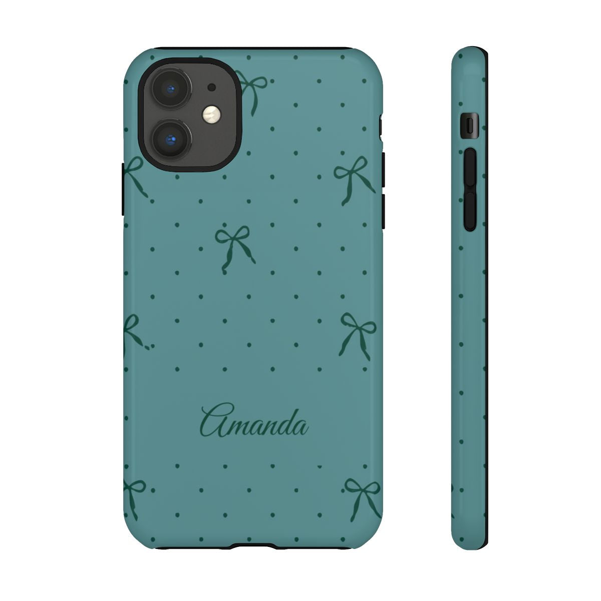 Personalized Teal Bow Phone Case – Custom Name Coquette Polka Dot Aesthetic