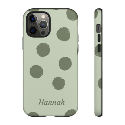 Personalized Sage Green Polka Dot Phone Case – Custom Name Matcha Aesthetic