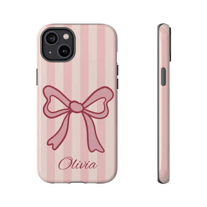 Personalized Pink Bow Phone Case – Soft Pastel Striped Coquette Aesthetic