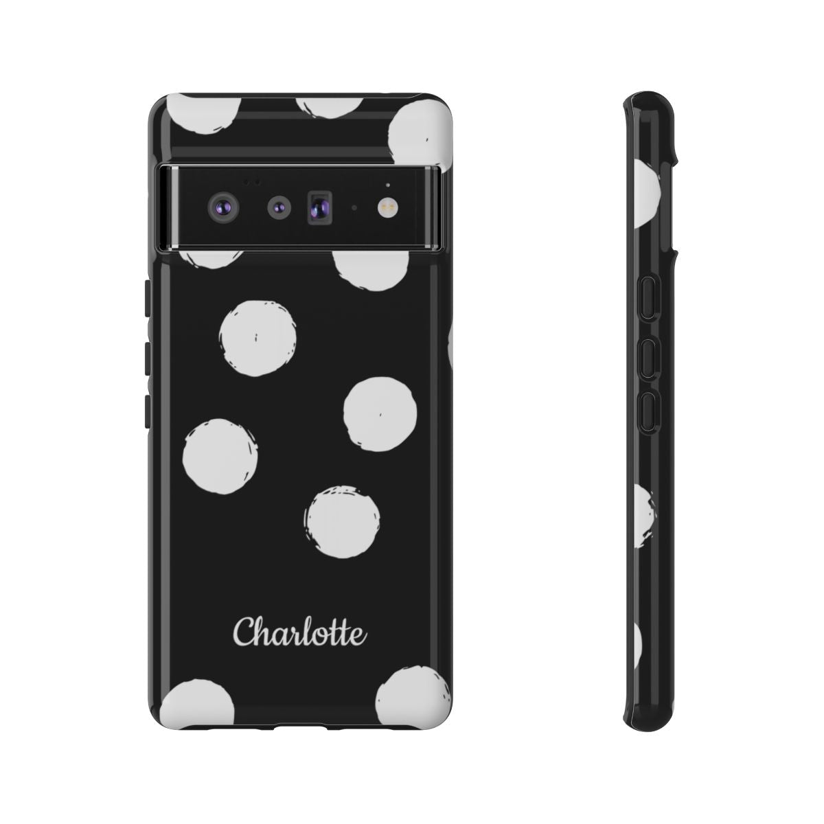 Personalized Black Polka Dot Phone Case – Custom Name Bold Monochrome Aesthetic