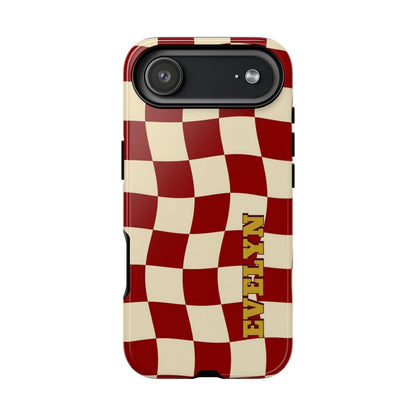 Personalized Burgundy Checkered Phone Case – Custom Name Wavy Retro Aesthetic