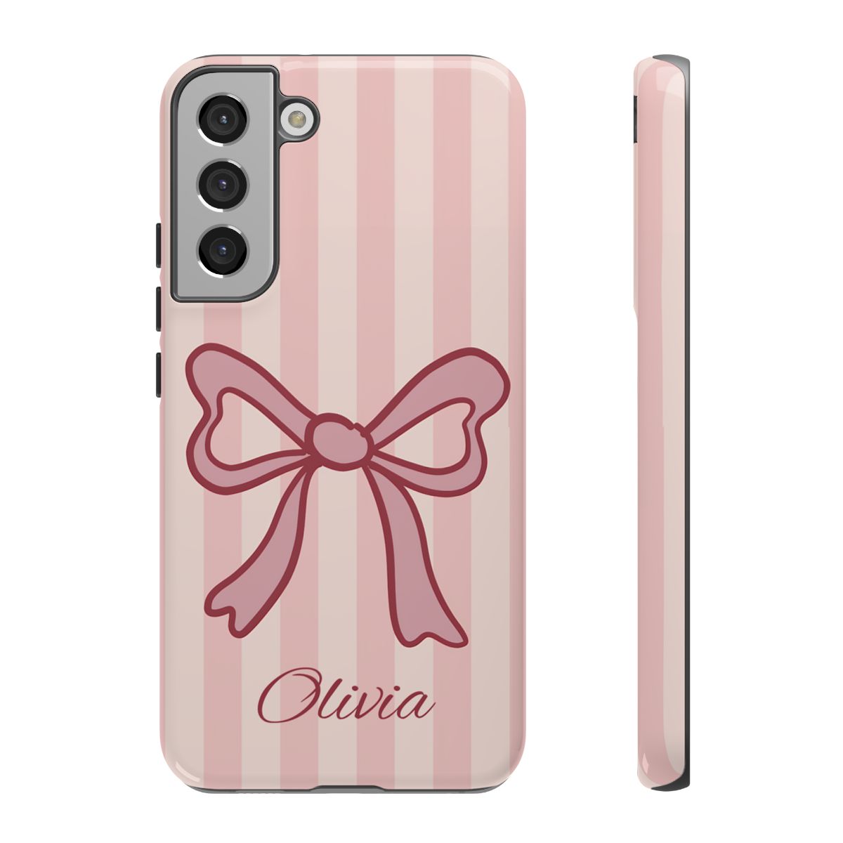 Personalized Pink Bow Phone Case – Soft Pastel Striped Coquette Aesthetic
