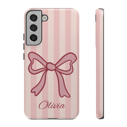 Personalized Pink Bow Phone Case – Soft Pastel Striped Coquette Aesthetic