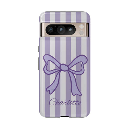 Personalized Lavender Bow Phone Case – Purple Striped Coquette Ribbon Aesthetic