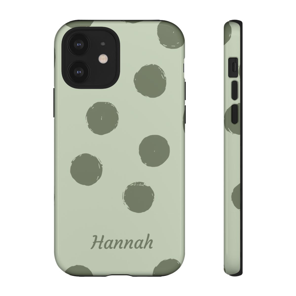 Personalized Sage Green Polka Dot Phone Case – Custom Name Matcha Aesthetic