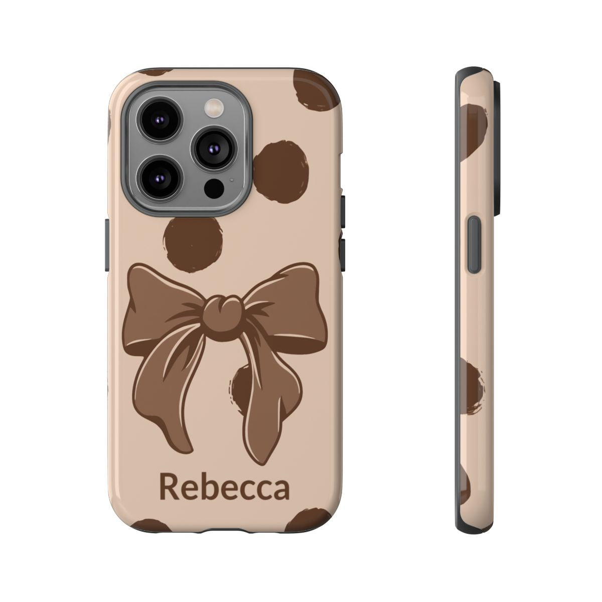 Personalized Brown Polka Dot Bow Phone Case – Custom Name Coquette Retro Aesthetic
