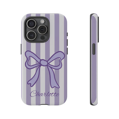 Personalized Lavender Bow Phone Case – Purple Striped Coquette Ribbon Aesthetic