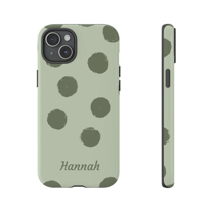 Personalized Sage Green Polka Dot Phone Case – Custom Name Matcha Aesthetic