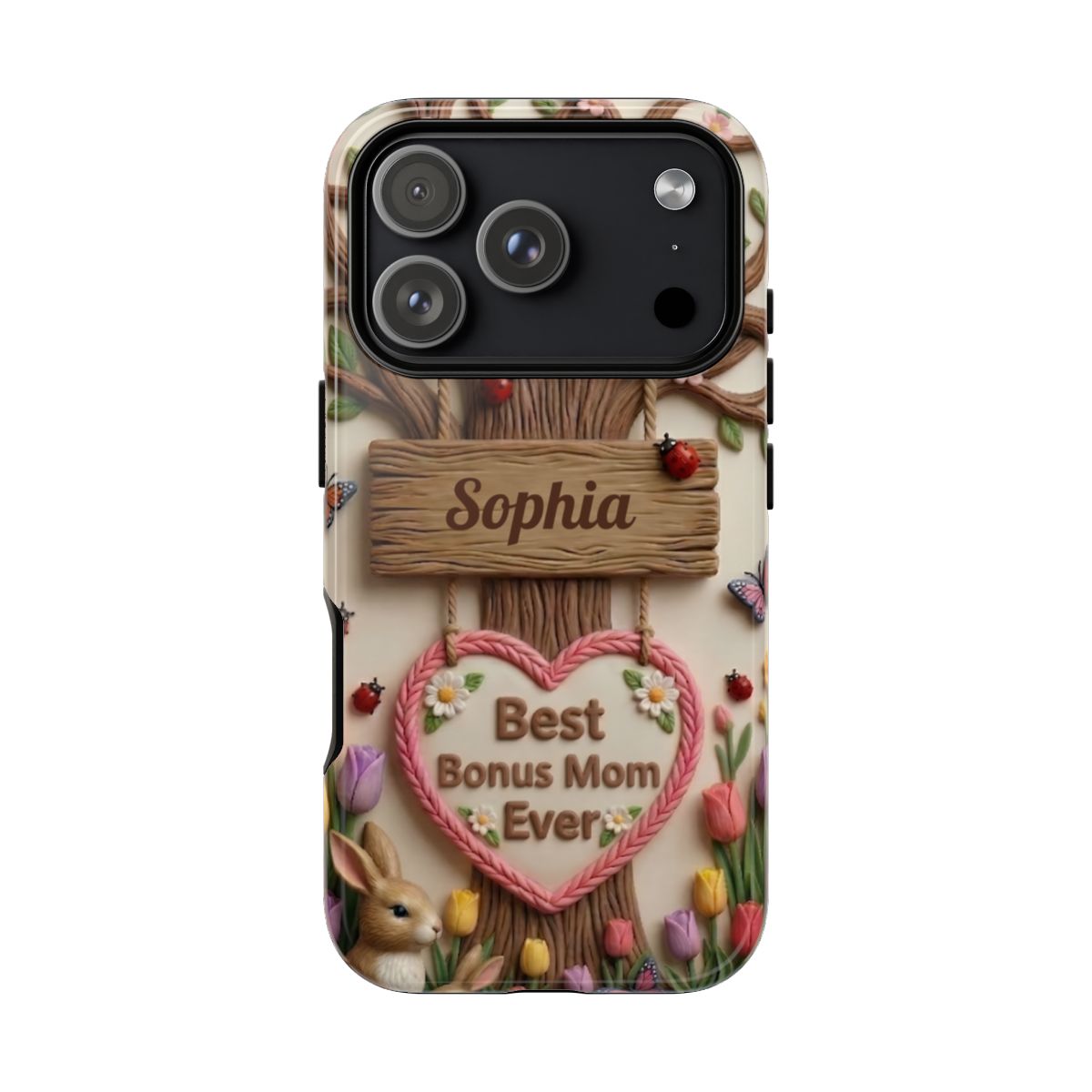 Personalized Bonus Mom Phone Case – Custom Name Clay Spring Garden Aesthetic