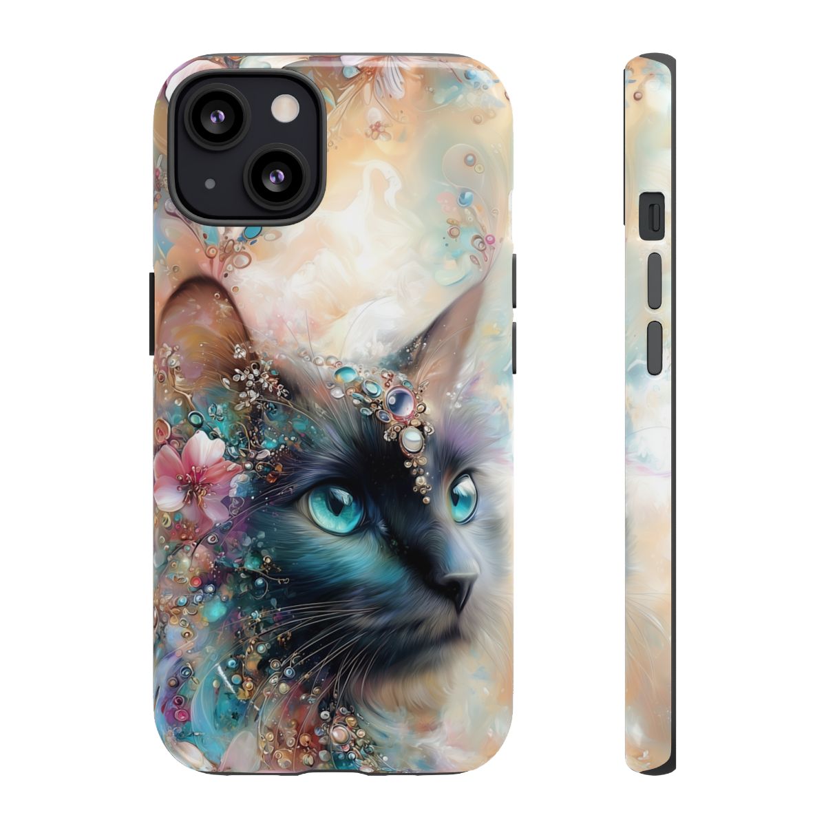 Back view of a phone case featuring a colorful, artistic cat portrait with a soft, glowing background.