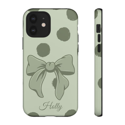 Personalized Sage Green Polka Dot Bow Phone Case – Custom Name Coquette Aesthetic