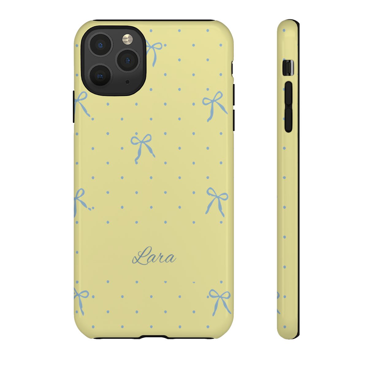 Personalized Yellow Bow Phone Case – Custom Name Blue Polka Dot Aesthetic