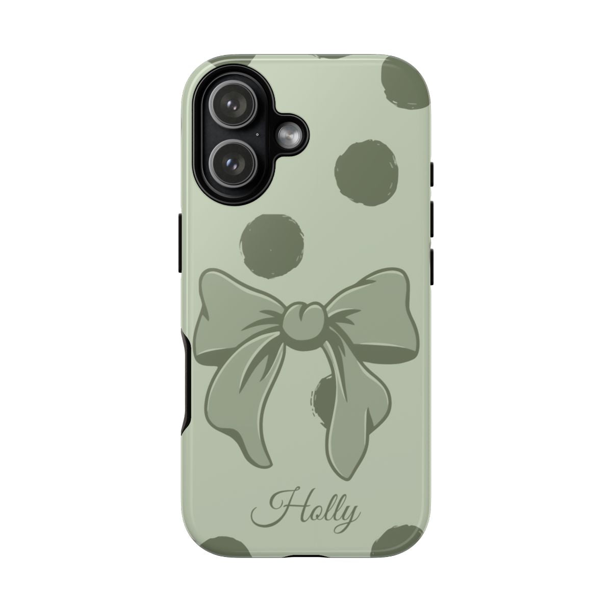 Personalized Sage Green Polka Dot Bow Phone Case – Custom Name Coquette Aesthetic