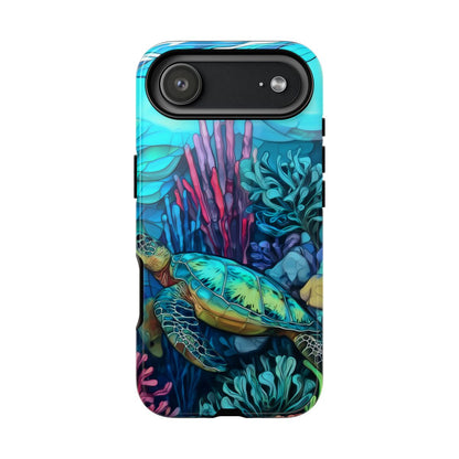 Stained Glass Turtle Phone Case – Coastal Blue Ocean Mosaic Aesthetic