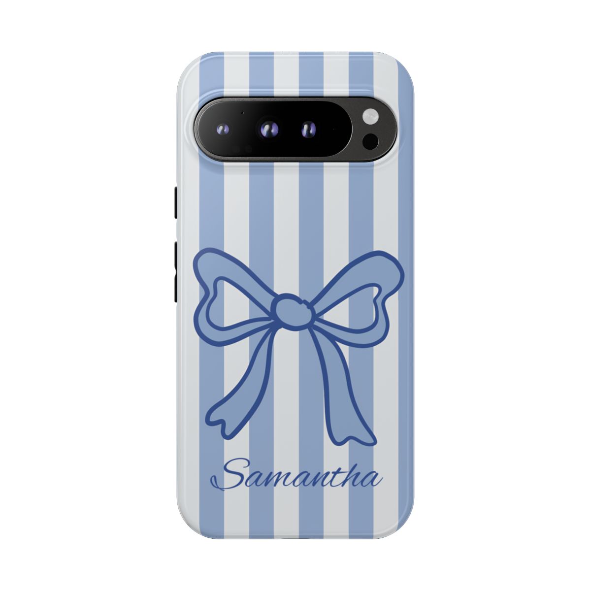 Personalized Coquette Bow Phone Case – Blue Striped Preppy Ribbon Aesthetic