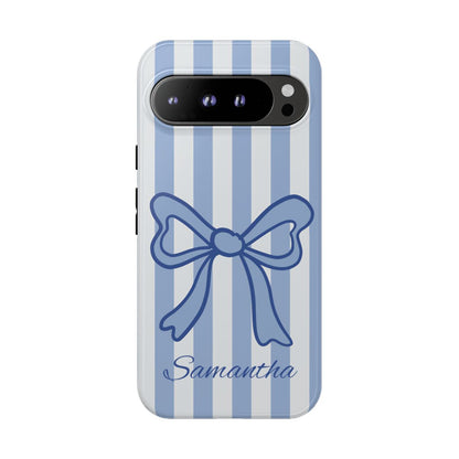 Personalized Coquette Bow Phone Case – Blue Striped Preppy Ribbon Aesthetic