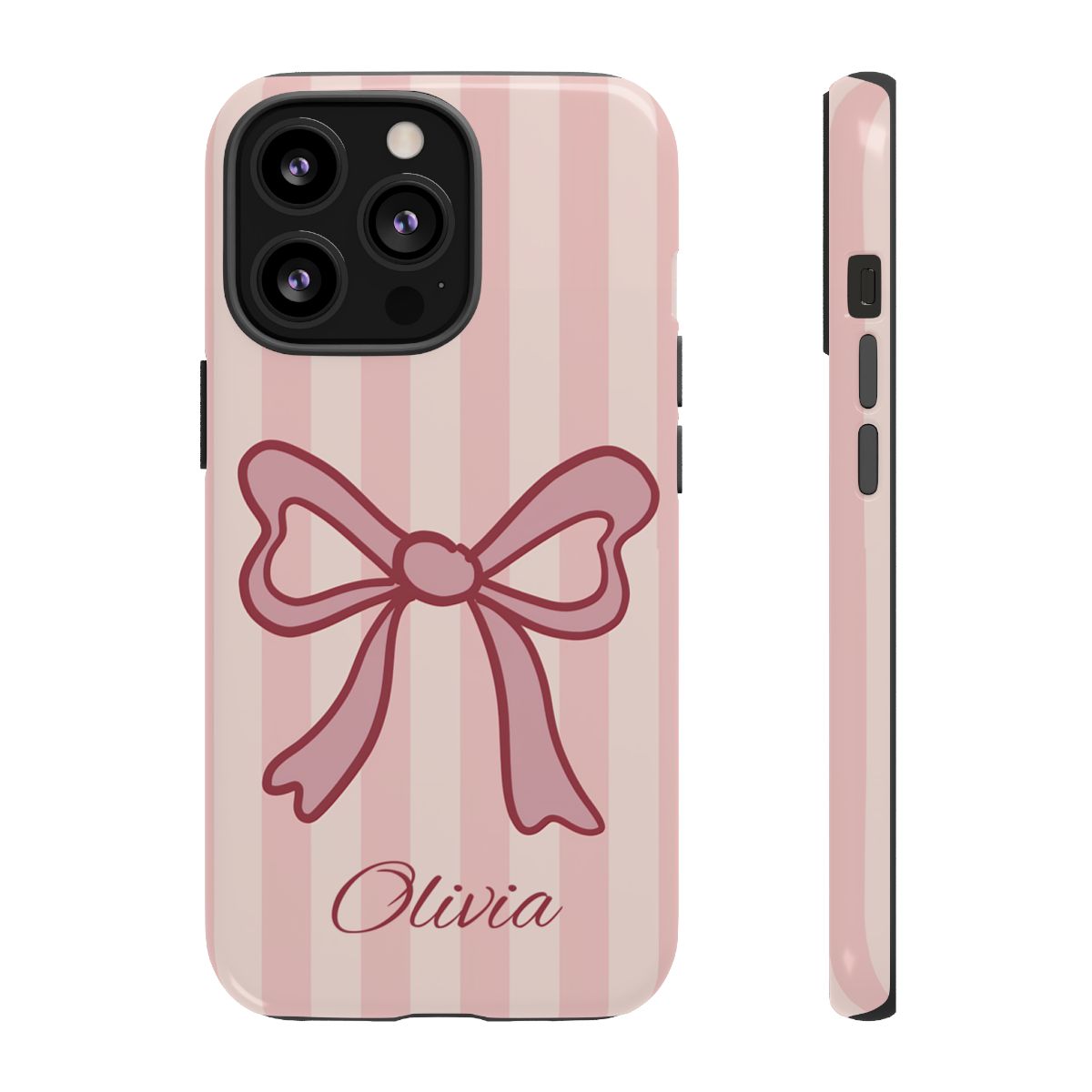 Personalized Pink Bow Phone Case – Soft Pastel Striped Coquette Aesthetic