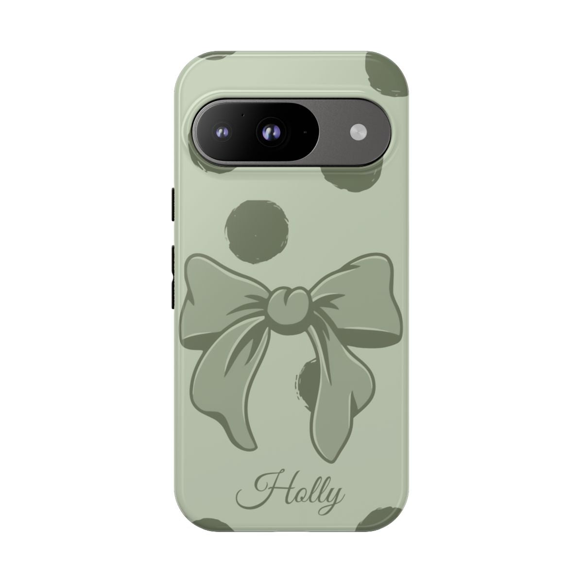 Personalized Sage Green Polka Dot Bow Phone Case – Custom Name Coquette Aesthetic