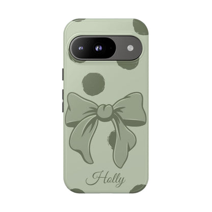 Personalized Sage Green Polka Dot Bow Phone Case – Custom Name Coquette Aesthetic