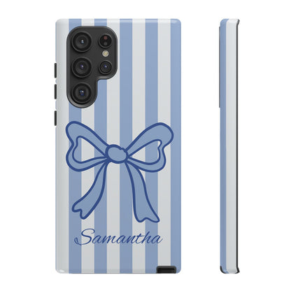 Personalized Coquette Bow Phone Case – Blue Striped Preppy Ribbon Aesthetic