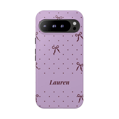 Personalized Lavender Bow Phone Case – Custom Name Polka Dot Coquette Aesthetic