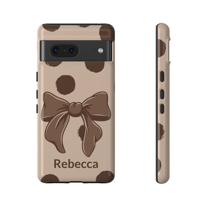Personalized Brown Polka Dot Bow Phone Case – Custom Name Coquette Retro Aesthetic