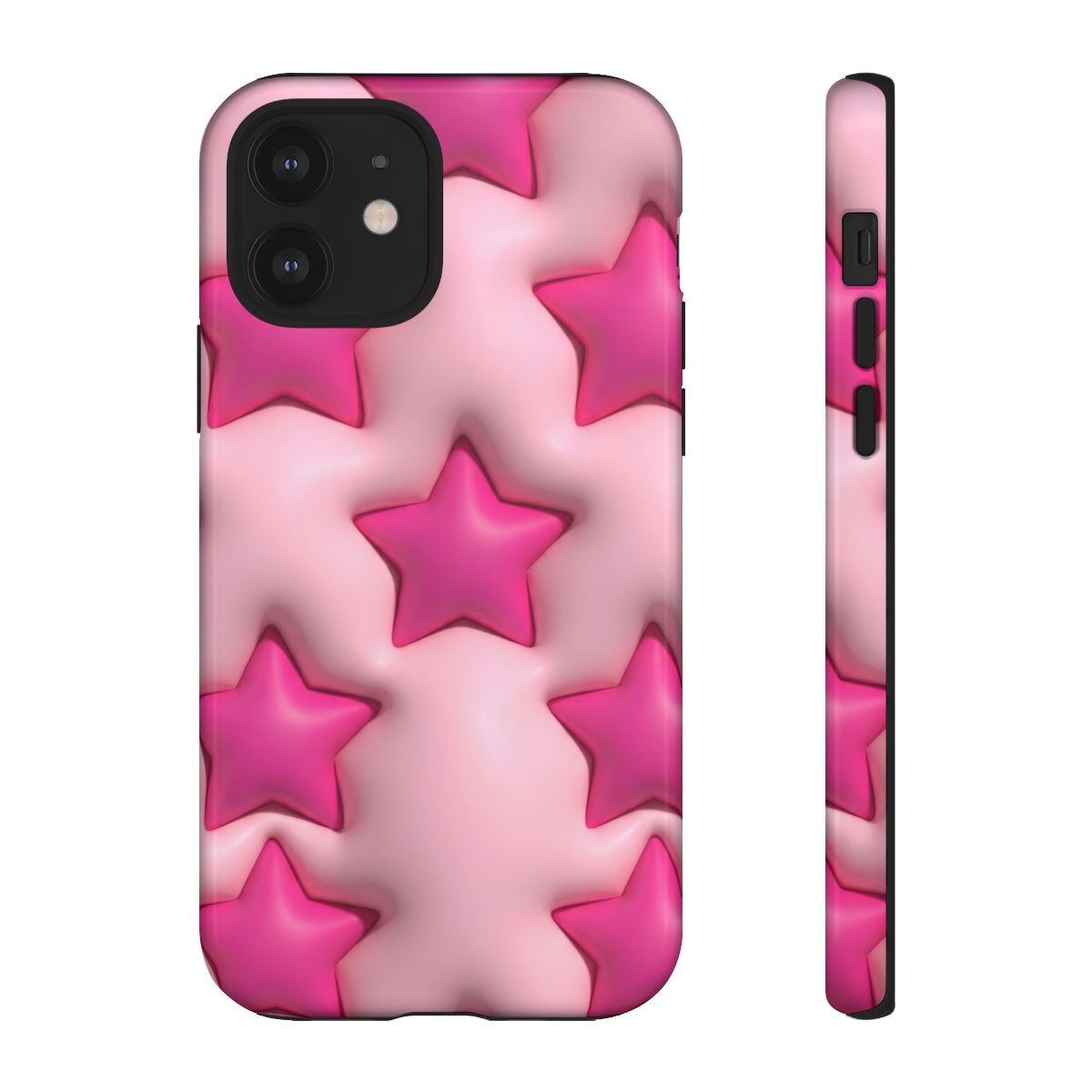 Trendy Y2K aesthetic phone case with a hot pink embossed star pattern on a soft pink background, featuring a modern 3D illusion effect.