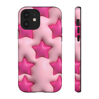 Trendy Y2K aesthetic phone case with a hot pink embossed star pattern on a soft pink background, featuring a modern 3D illusion effect.