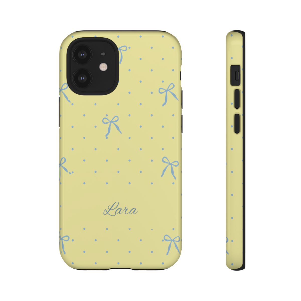 Personalized Yellow Bow Phone Case – Custom Name Blue Polka Dot Aesthetic
