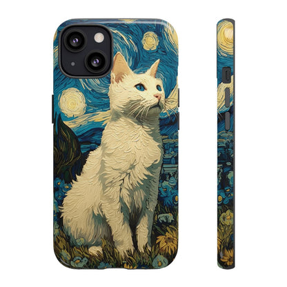 Van Gogh inspired phone cover with a textured white cat illustration and yellow glowing moons.