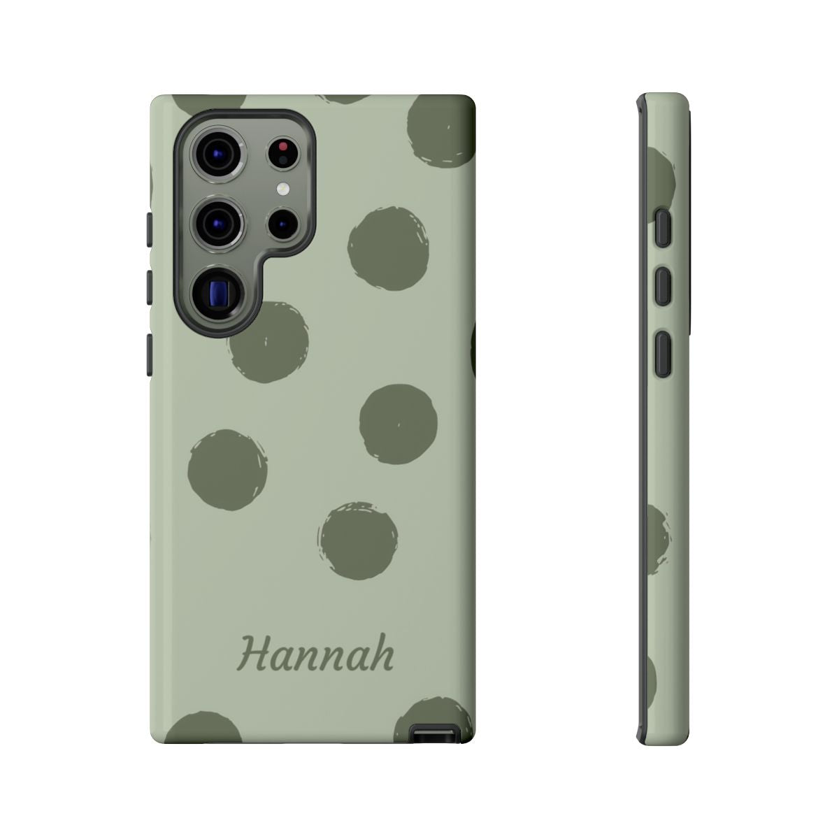 Personalized Sage Green Polka Dot Phone Case – Custom Name Matcha Aesthetic