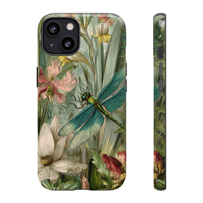 Back view of a phone case featuring a vintage-style illustration of a dragonfly in a garden.