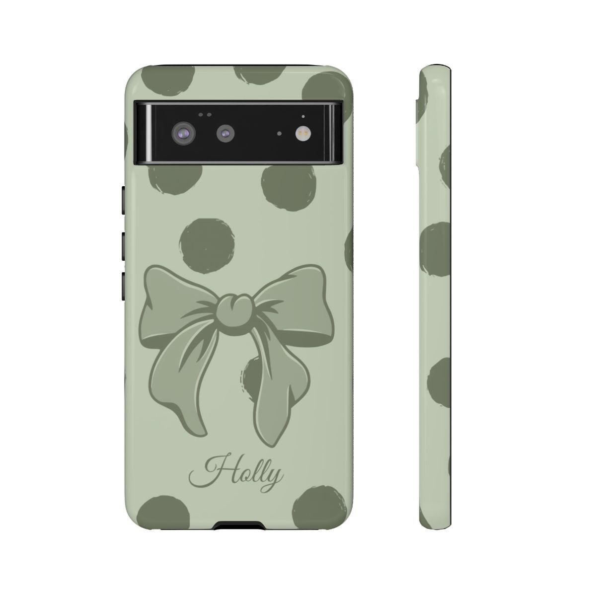 Personalized Sage Green Polka Dot Bow Phone Case – Custom Name Coquette Aesthetic