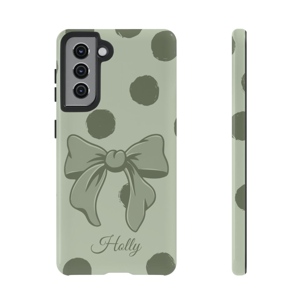Personalized Sage Green Polka Dot Bow Phone Case – Custom Name Coquette Aesthetic