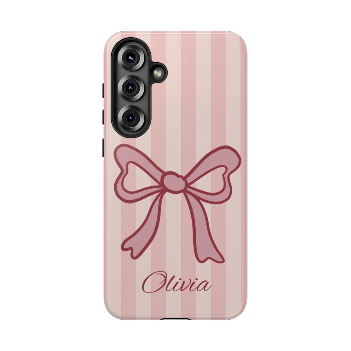 Personalized Pink Bow Phone Case – Soft Pastel Striped Coquette Aesthetic