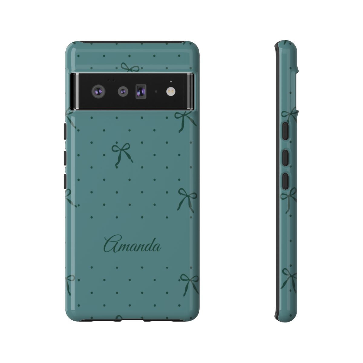 Personalized Teal Bow Phone Case – Custom Name Coquette Polka Dot Aesthetic