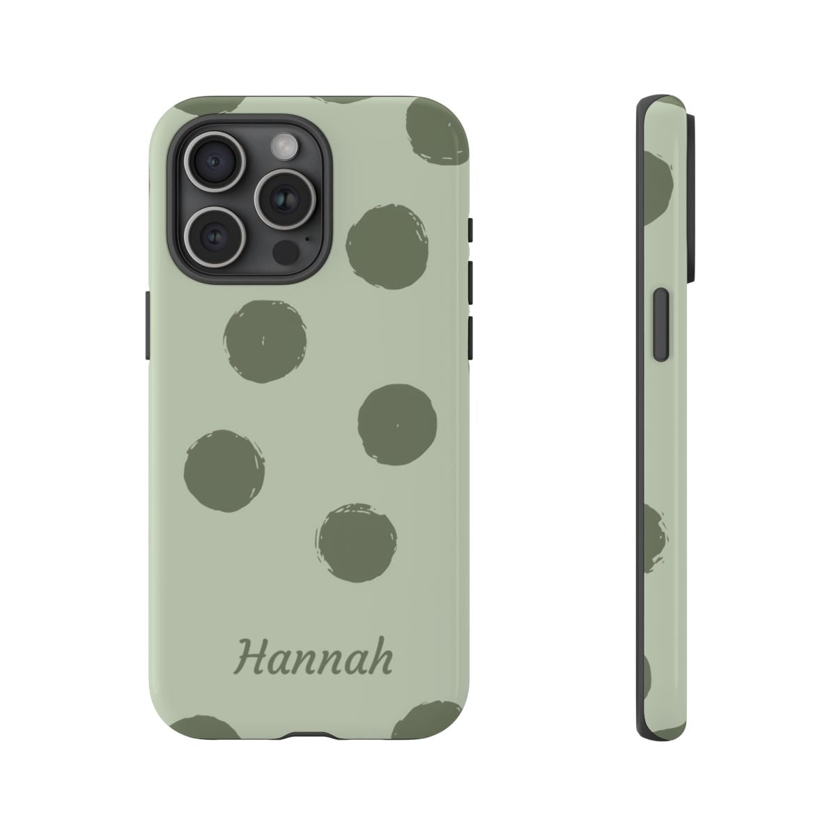 Personalized Sage Green Polka Dot Phone Case – Custom Name Matcha Aesthetic