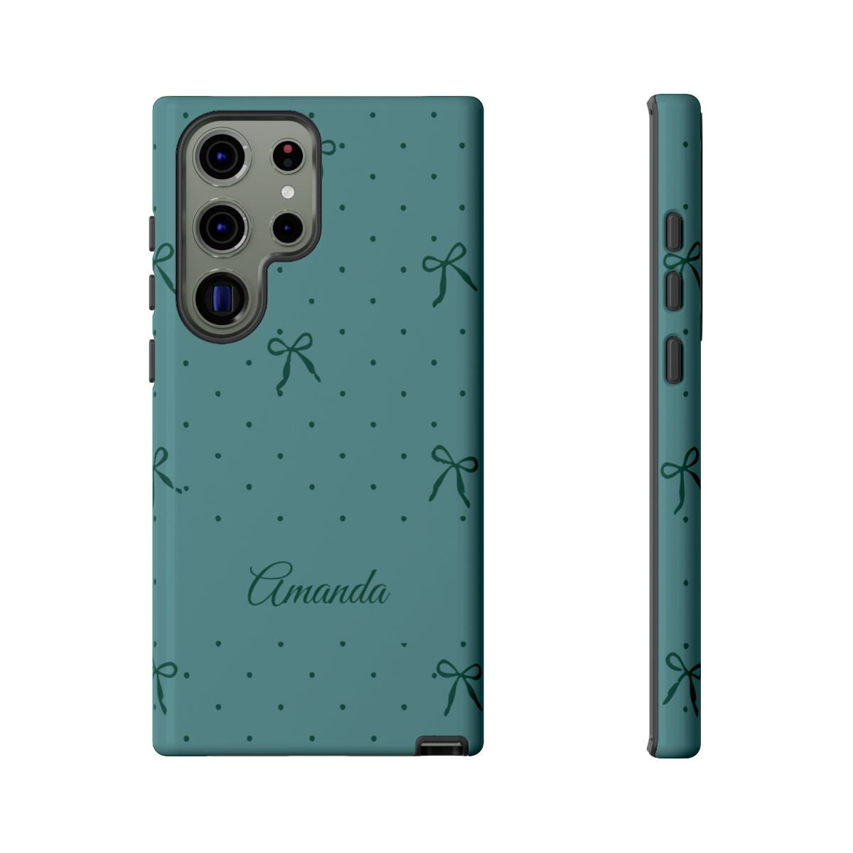 Personalized Teal Bow Phone Case – Custom Name Coquette Polka Dot Aesthetic