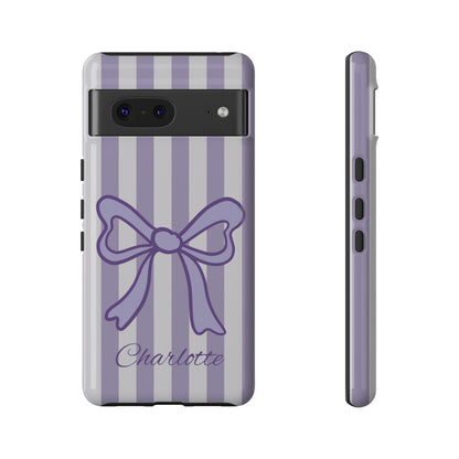 Personalized Lavender Bow Phone Case – Purple Striped Coquette Ribbon Aesthetic