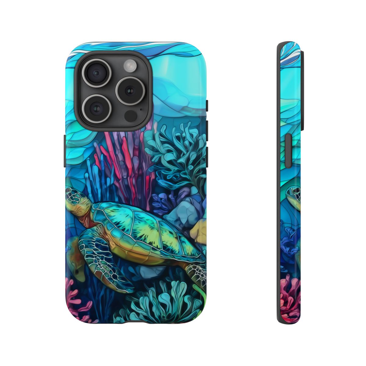 Stained Glass Turtle Phone Case – Coastal Blue Ocean Mosaic Aesthetic