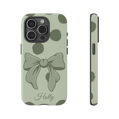 Personalized Sage Green Polka Dot Bow Phone Case – Custom Name Coquette Aesthetic