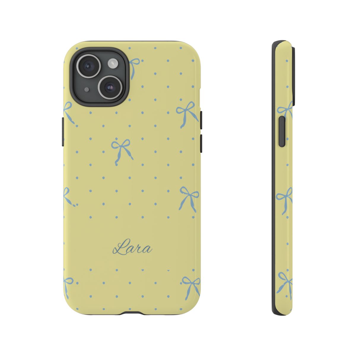 Personalized Yellow Bow Phone Case – Custom Name Blue Polka Dot Aesthetic