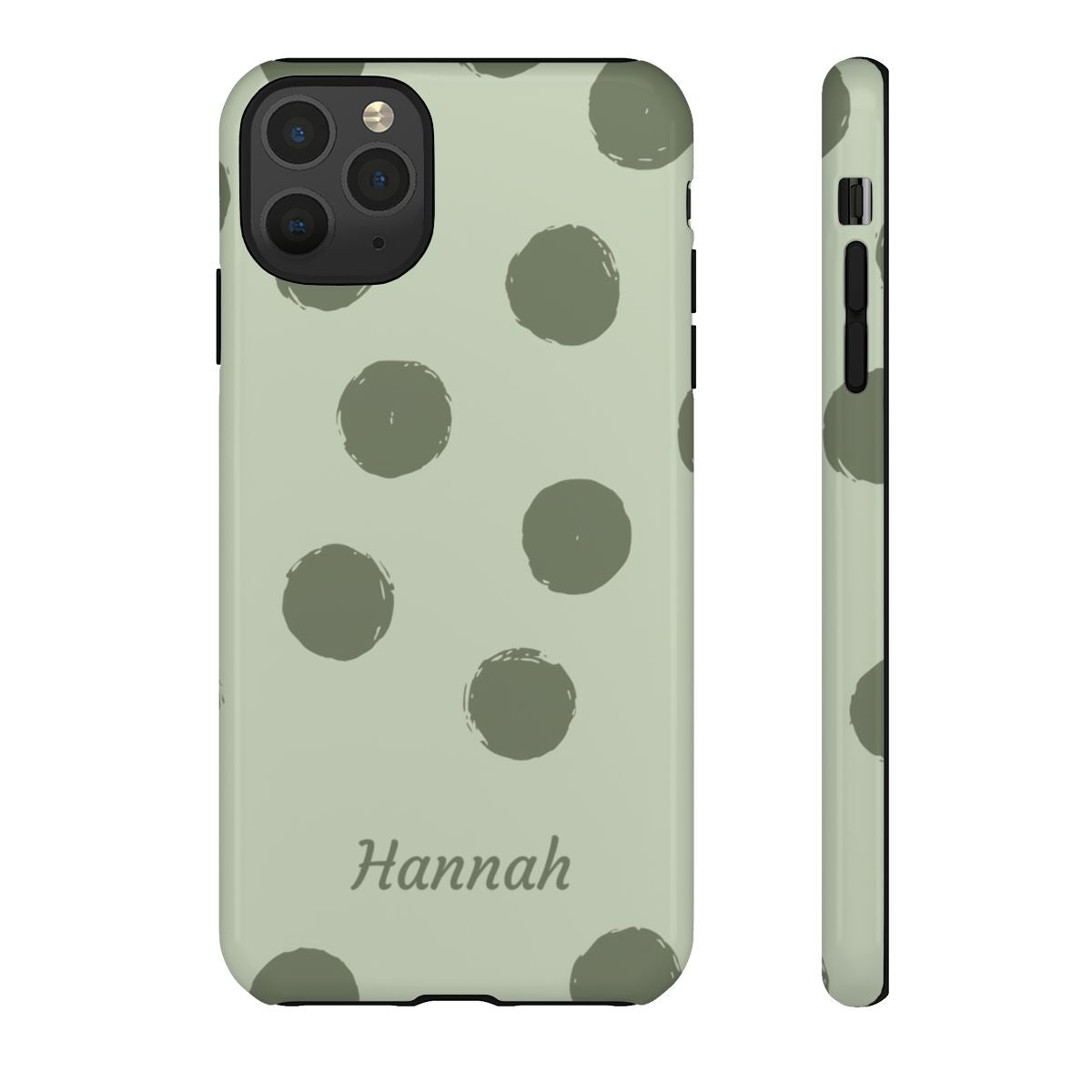 Personalized Sage Green Polka Dot Phone Case – Custom Name Matcha Aesthetic