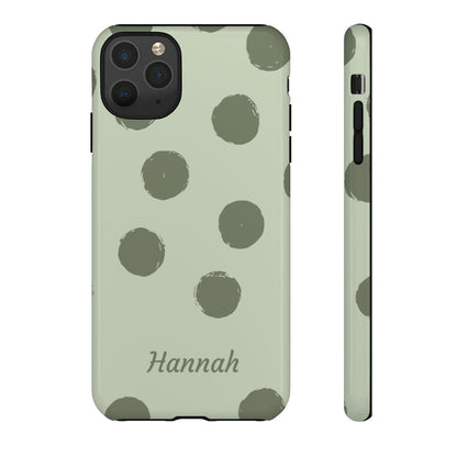 Personalized Sage Green Polka Dot Phone Case – Custom Name Matcha Aesthetic